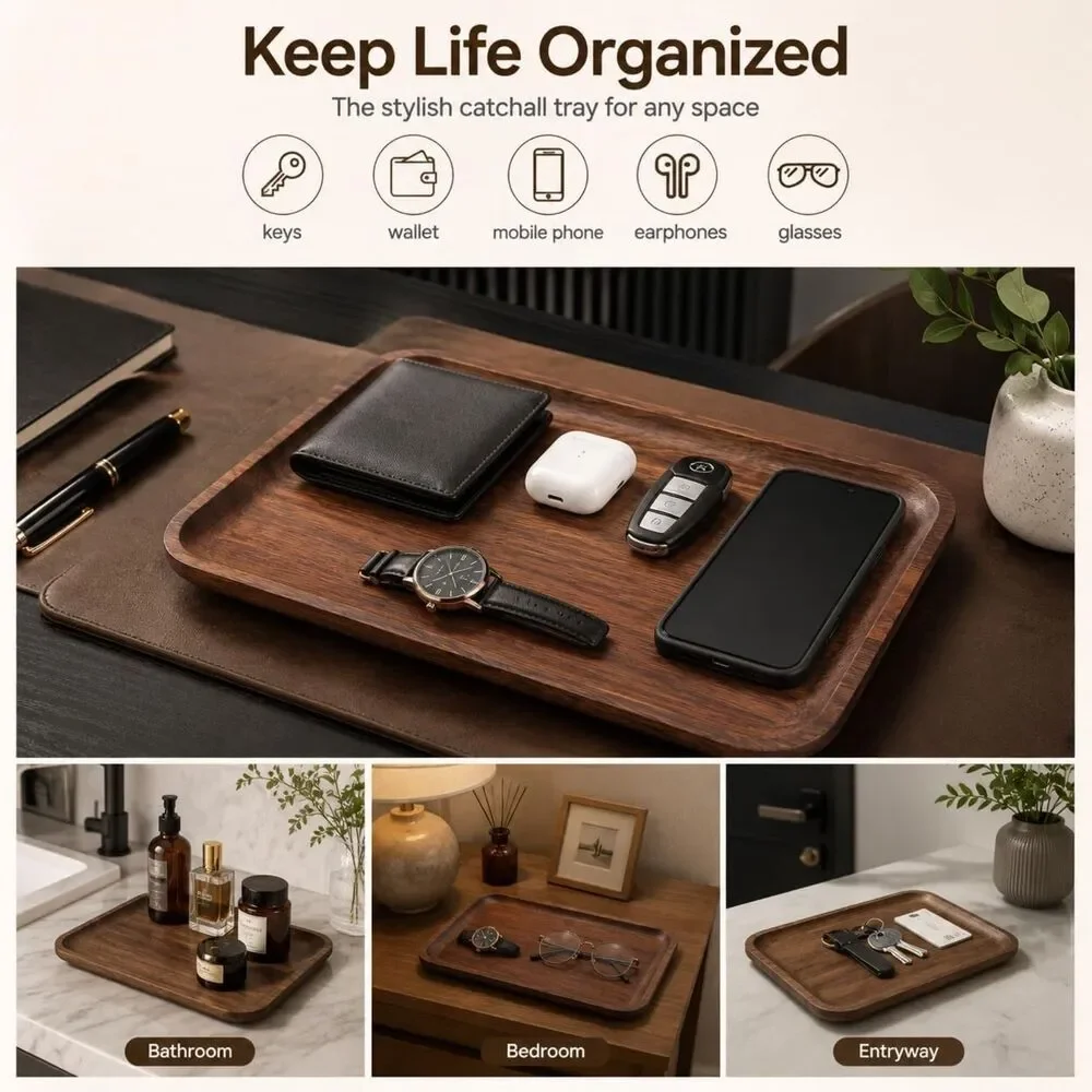 Solid Walnut Wood Valet Tray Catchall Organizer Keys Phone Wallet Watch Desk EDC